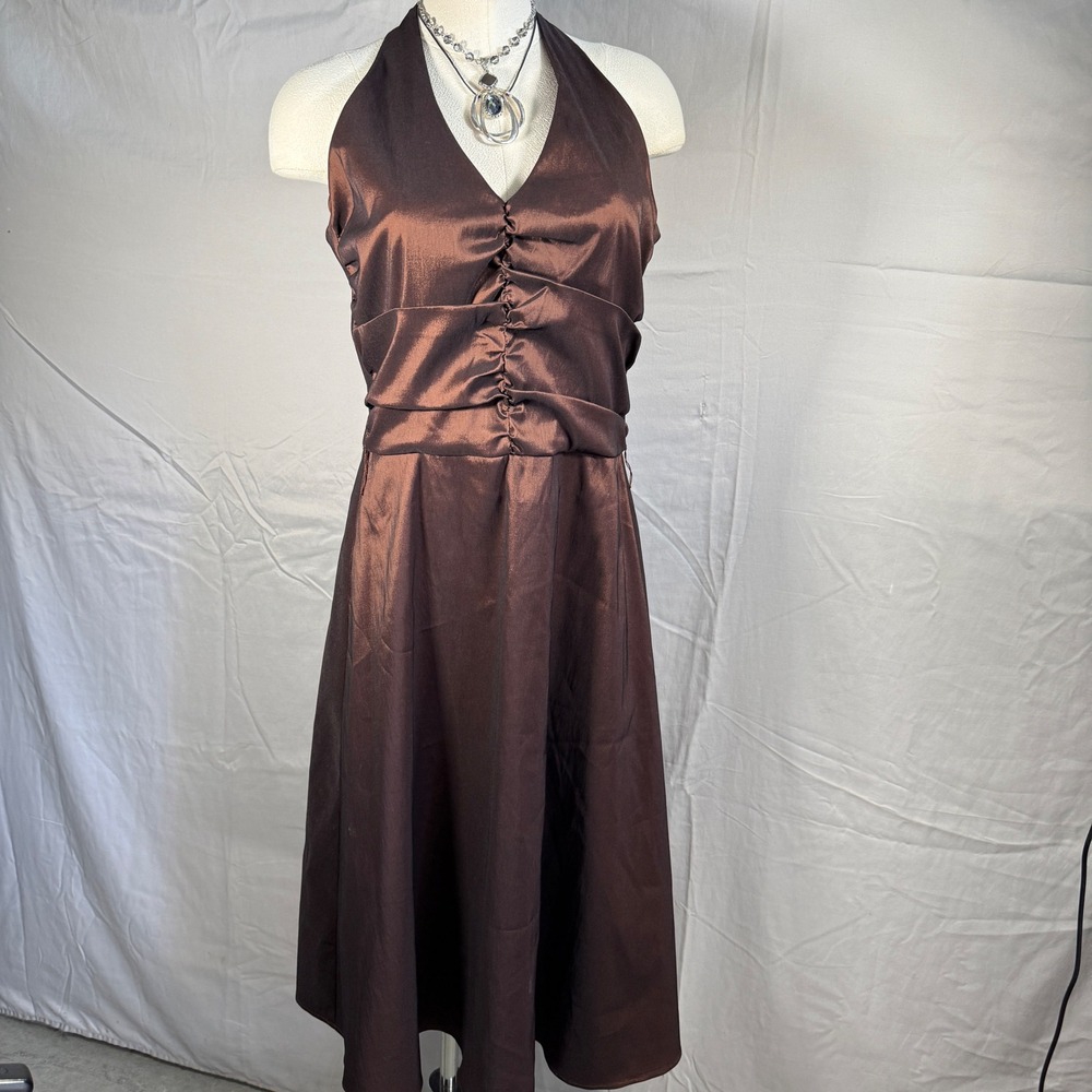 Y2K Elegant Brown Satin Halter Ruched Empire Midi Dress Womens 10 Whimsigoth 90s